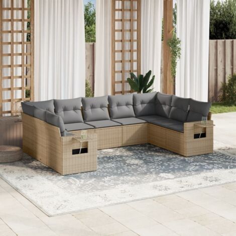 Gartenmöbel Set mit Kissen 9-teilig beige Geflecht