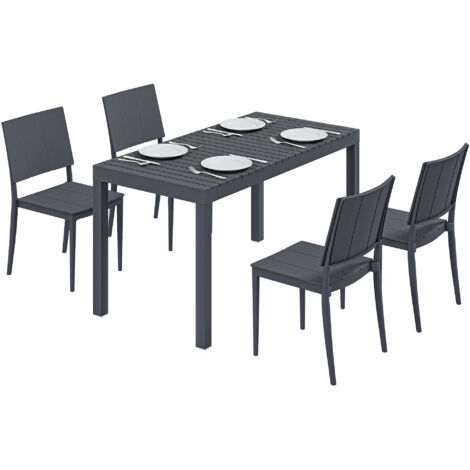 Gartenmöbel Set Sitzgruppe 5-teilig Breiter Tisch mit 4 Stapelstühlen Lamelldesign für 4 Personen Dunkelgrau