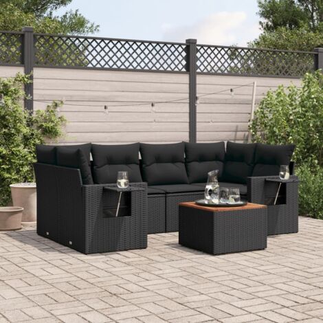 Gartenmöbelsatz 7 Teilig mit Kissen Schwarz Geflecht
