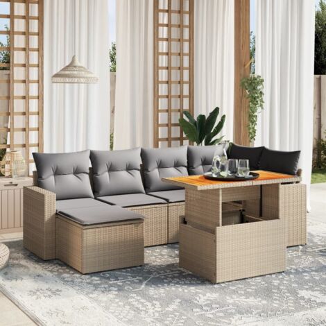 Gartenmöbelsatz mit Kissen 7 Teile beige Geflecht