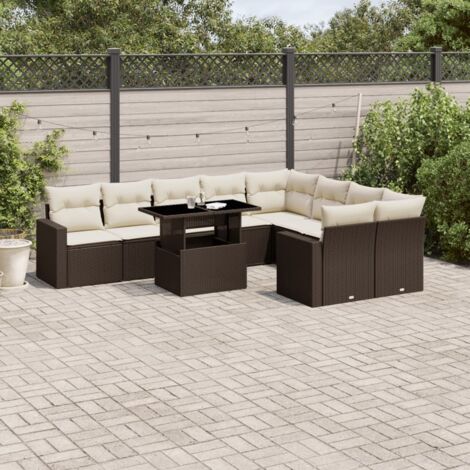 Gartenmöbelset 10 Teile mit braunen Kissen aus Geflecht