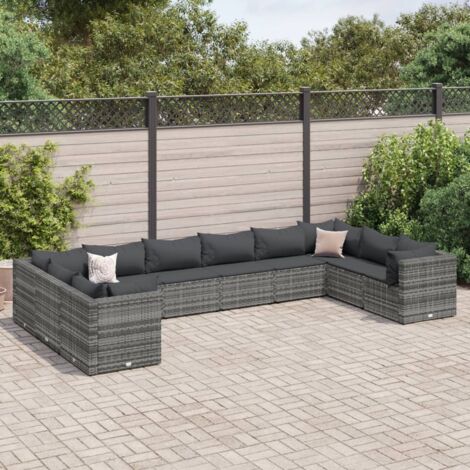Gartenmöbelset 10 Teile mit Kissen Grau Geflecht