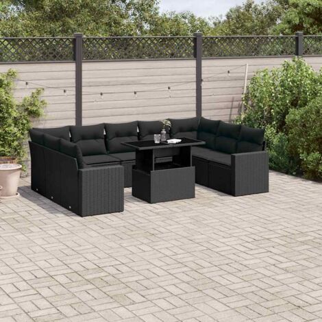 Gartenmöbelset 10 Teile mit Kissen in Schwarz aus Geflecht