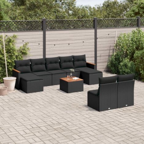 Gartenmöbelset 10 Teile mit Kissen schwarz Geflecht