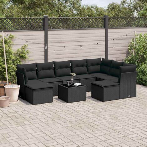 Gartenmöbelset 10 Teile mit Kissen Schwarz Geflecht