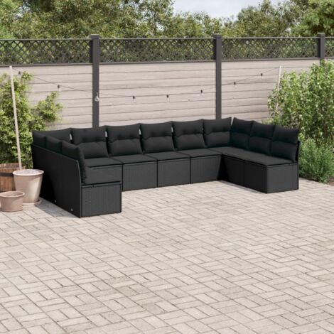 Gartenmöbelset 10 Teile mit Kissen Schwarz Geflecht