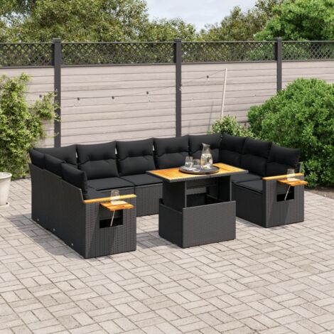 Gartenmöbelset 10 Teile mit Kissen schwarz, geflochtene Kunststoffe
