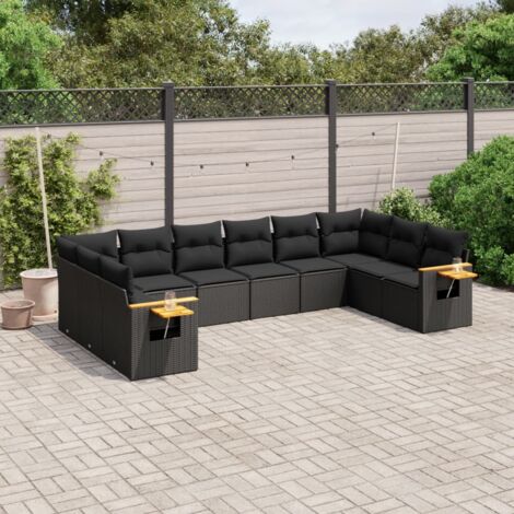 Gartenmöbelset 10 Teile mit Kissen schwarz Rattan