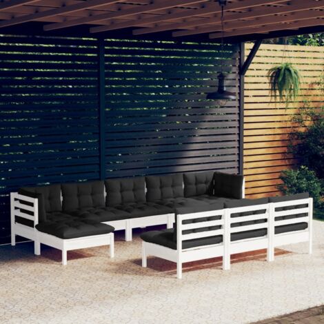 Gartenmöbelset 10 Teile mit Kissen Weiß Kiefernholz