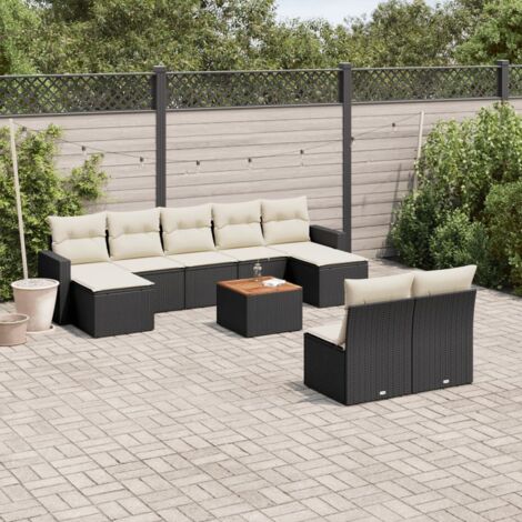 Gartenmöbelset 10 Teile mit schwarzen Kissen aus Geflecht