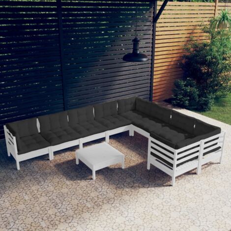 Gartenmöbelset 10 Teile mit weißen Kissen aus Kiefernholz