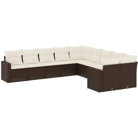 Gartenmöbelset 10 Teilig mit braunen Kissen aus geflochtener Rattan-Resine