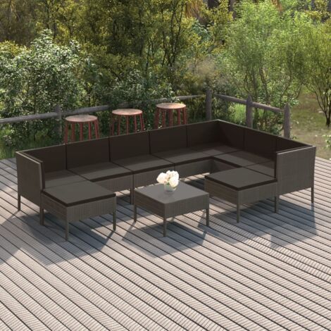 Gartenmöbelset 10-teilig mit Kissen, Geflecht Grau