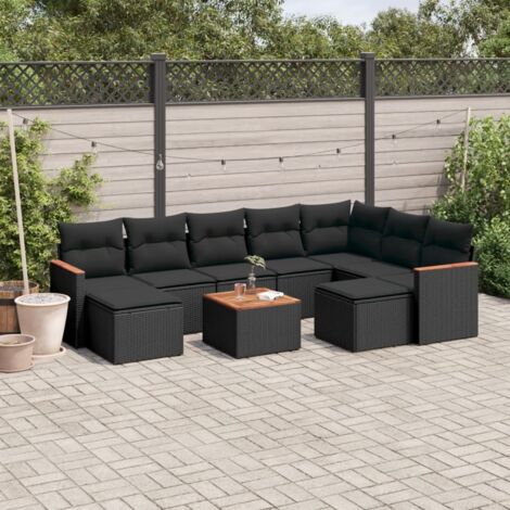 Gartenmöbelset 10 Teilig mit Kissen Schwarz Geflochtene Kunststoffe