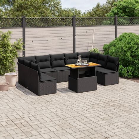 Gartenmöbelset 10 Teilig mit Kissen Schwarz Geflochtenes Material