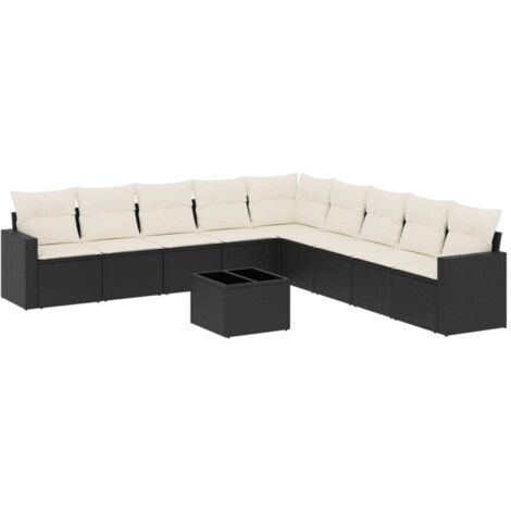 Gartenmöbelset 10-teilig mit Kissen Schwarz Rattan