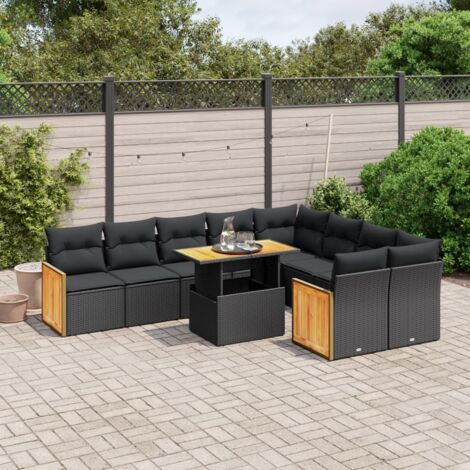 Gartenmöbelset 10 Teilig mit Kissen Schwarz Rattan