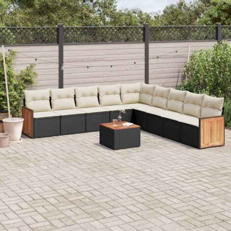Gartenmöbelset 10-teilig mit Kissen Schwarz Rattan