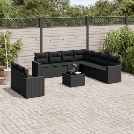 Gartenmöbelset 10-teilig mit Kissen Schwarz Rattan