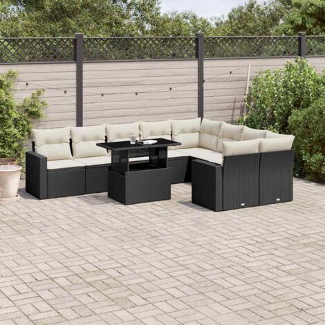 Gartenmöbelset 10-teilig mit Kissen Schwarz Rattan