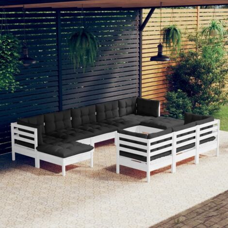 Gartenmöbelset 10 Teilig mit Kissen Weiß Massivholz Kiefer