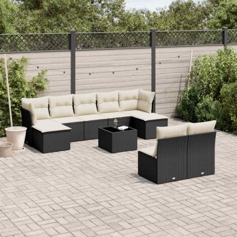 Gartenmöbelset 10-teilig mit schwarz gepolsterten Kissen aus Geflecht