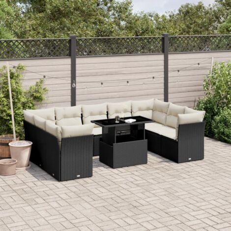Gartenmöbelset 10 tlg. mit Kissen Schwarz Geflecht