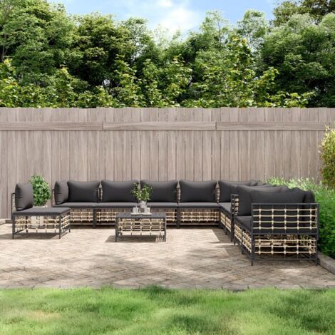 Gartenmöbelset 11 Teile mit anthrazitfarbenen Kissen aus geflochtenem Kunststoff