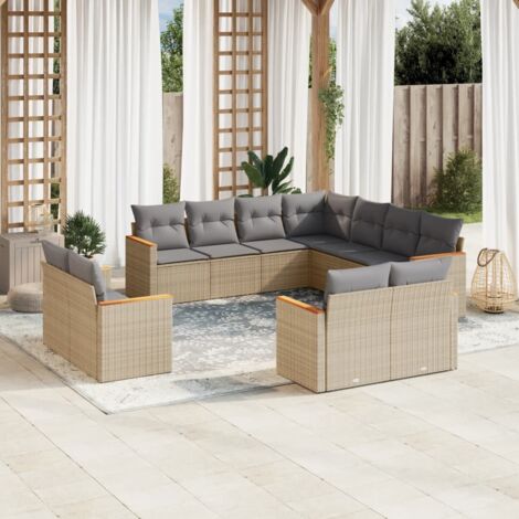 Gartenmöbelset 11 Teile mit beigen Kissen aus geflochtener Kunstfaser