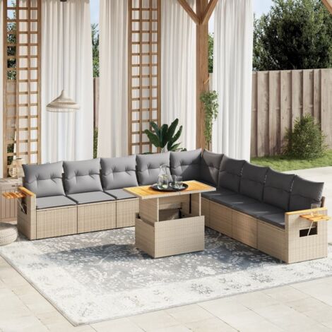 Gartenmöbelset 11 Teile mit beigen Kissen aus geflochtener Kunstfaser