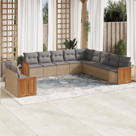 Gartenmöbelset 11 Teile mit beigen Kissen aus geflochtener Kunstfaser