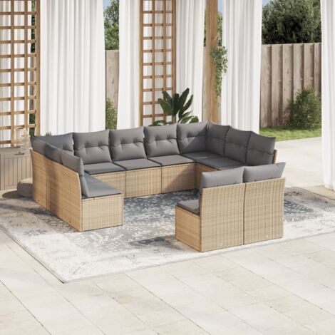 Gartenmöbelset 11 Teile mit beigen Kissen aus geflochtener Kunstfaser