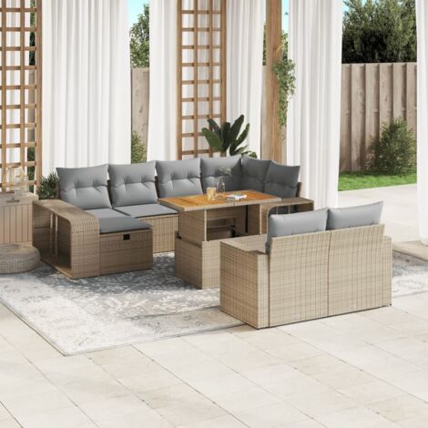 Gartenmöbelset 11 Teile mit beigen Kissen aus geflochtener Kunstfaser
