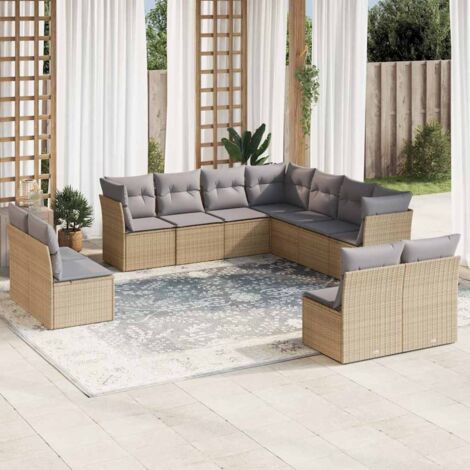 Gartenmöbelset 11 Teile mit beigen Kissen aus geflochtener Rattan