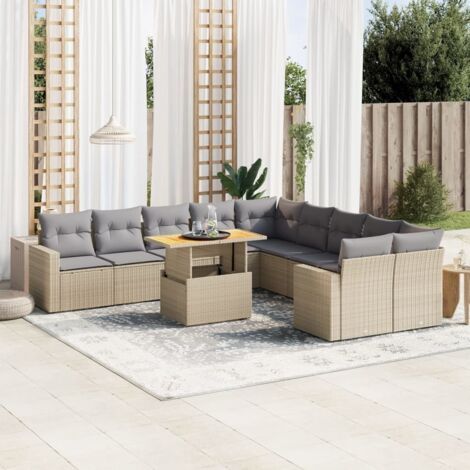 Gartenmöbelset 11 Teile mit beigen Kissen aus geflochtener Rattan-Resine
