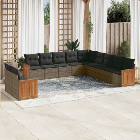 Gartenmöbelset 11 Teile mit grauen Kissen aus Geflecht