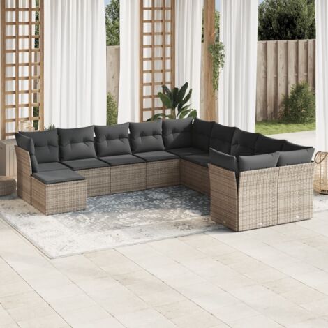 Gartenmöbelset 11 Teile mit grauen Kissen aus geflochtener Kunstfaser