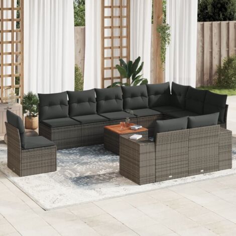 Gartenmöbelset 11 Teile mit grauen Kissen aus geflochtener Kunstharz