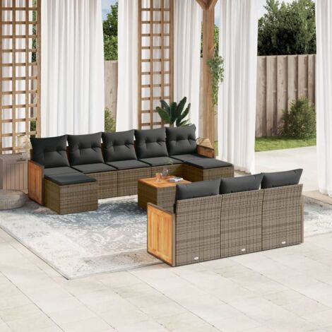 Gartenmöbelset 11 Teile mit grauen Kissen aus geflochtener Rattan