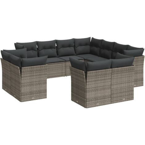 Gartenmöbelset 11 Teile mit grauen Kissen aus geflochtener Rattan-Optik