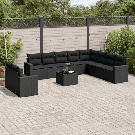 Gartenmöbelset 11 Teile mit Kissen Schwarz Geflecht