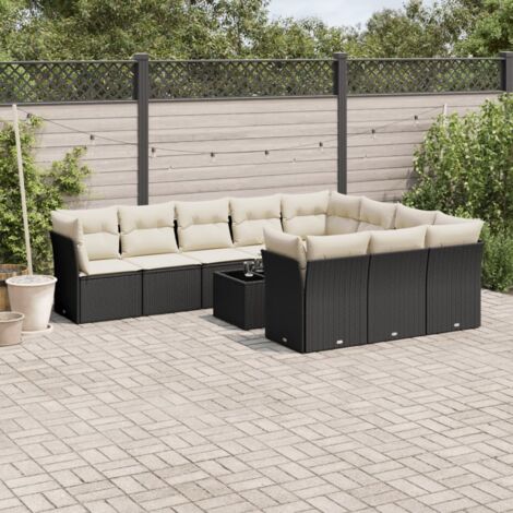 Gartenmöbelset 11 Teile mit Kissen Schwarz Geflecht