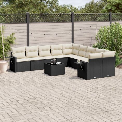 Gartenmöbelset 11 Teile mit Kissen Schwarz Geflochtene Rattan