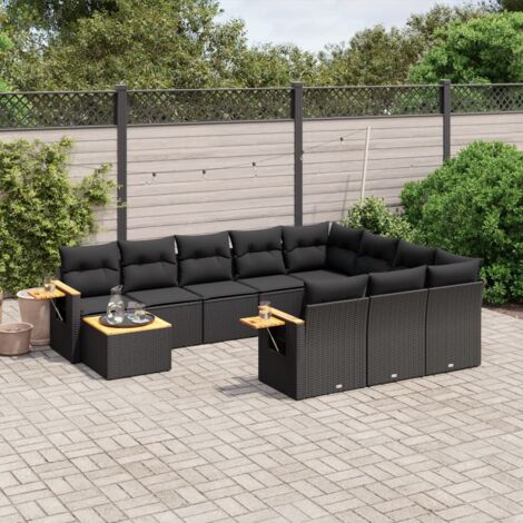 Gartenmöbelset 11 Teile mit Kissen Schwarz Rattan