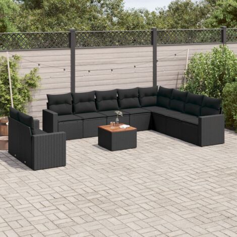 Gartenmöbelset 11 Teile mit Kissen Schwarz Rattan