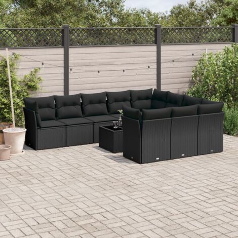 Gartenmöbelset 11 Teile mit Kissen Schwarz Rattan
