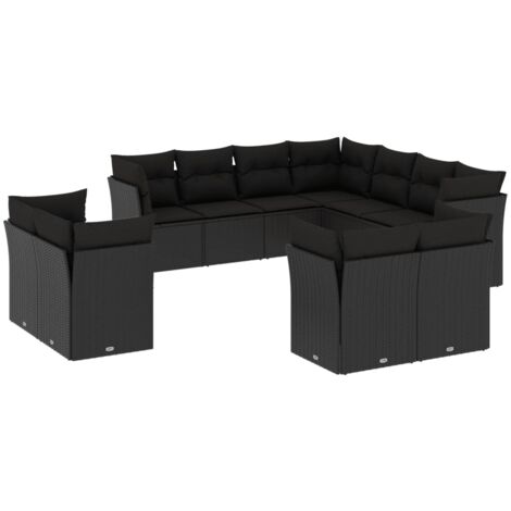 Gartenmöbelset 11 Teile mit schwarzem Kissen aus Poly-Rattan