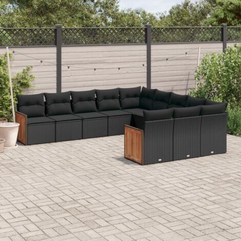 Gartenmöbelset 11 Teile mit schwarzen Kissen aus geflochtener Kunstfaser