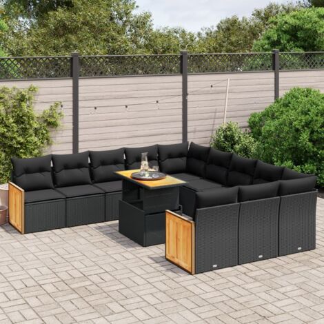 Gartenmöbelset 11 Teile mit schwarzen Kissen aus geflochtener Kunstfaser