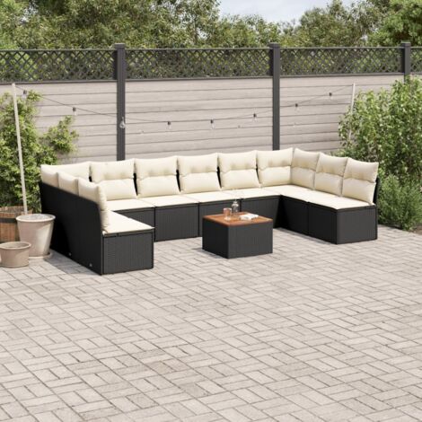 Gartenmöbelset 11 Teile mit schwarzen Kissen aus geflochtener Kunstfaser